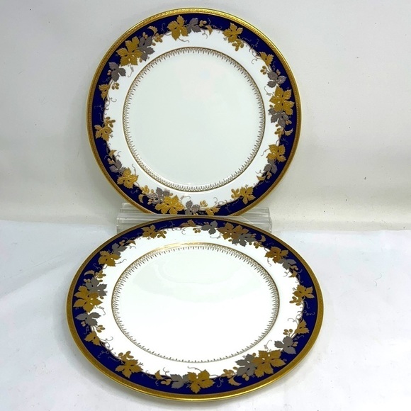 Narumi Oscar de la Renta AF002 Gold Leaf Cobalt Bone China 2 Dinner Plates - Picture 1 of 8